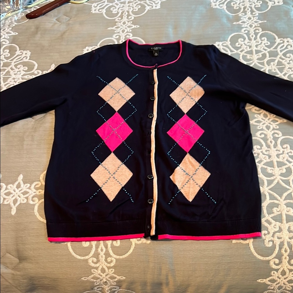 Talbots blue and pink and brown  Argyle Cardigan Sweater with seeded beads SP